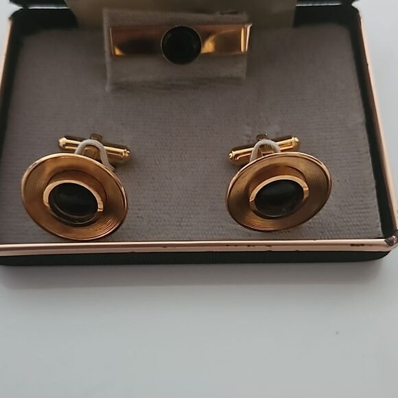 Vintage Men's 1960s Gold Plated Cufflinks & Tie Pin Black - Picture 8 of 16